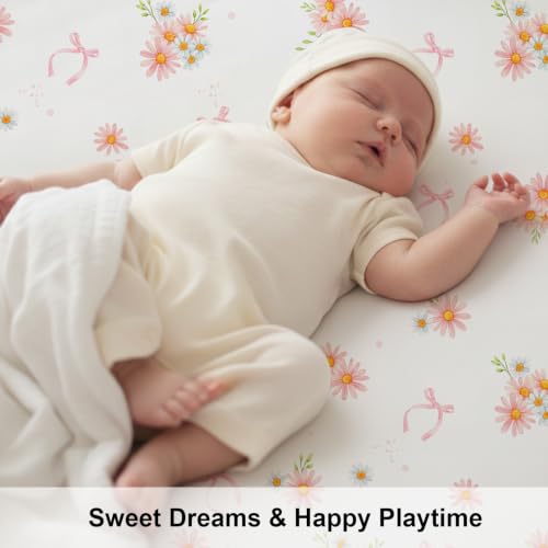 Image of Plushii 4 Pack Pack and Play Fitted Sheet s for Girls,Sweet Daisy | 38 inchx 26 inch Mini Crib Sheets,Soft Microfiber Pack and Play Sheet,Fitted for Mini Crib & Pack and Play Mattress, Playpen Sheet