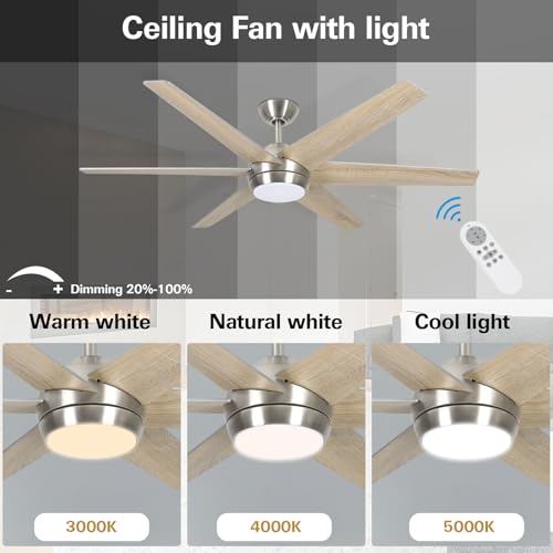 Image of hykolity 54 inch Indoor Modern Ceiling Fan with Integrated LED Lights and Remote Control, 6 Blades, 6 Speed, Dimmable, 3CCT, Quiet Reversible Motor Ceiling Fan, Brushed Nickel