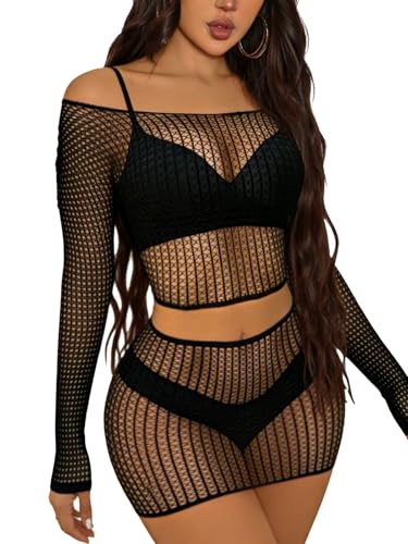 Buitifo Lingerie for Women Fishnet Babydoll Chemise Sexy Nightwear Teddy Dress (Black One Size)