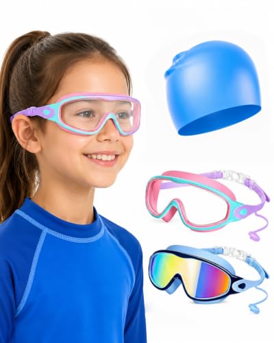 Kids Swim Goggles 2 Pack with Kids Swim Cap, Goggles for Kids Ages 3-14 | Anti-F...