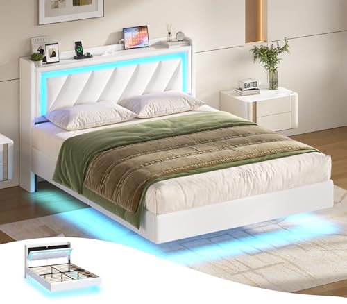 KIMENICH Cadre de Lit 140x190,Lit Flottant avec Multiprise et Éclairage LED,Lit 2 Personnes avec Tête de Lits Rangement,Lits 2 Places avec Sommier...