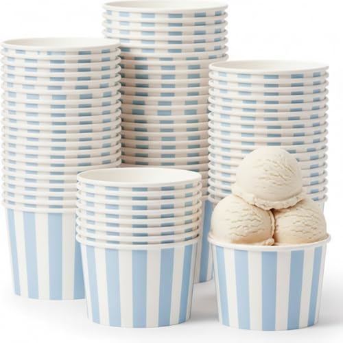 Image of Zopeal 50 Count Light Blue Striped Ice Cream Cups Disposable Dessert Bowls