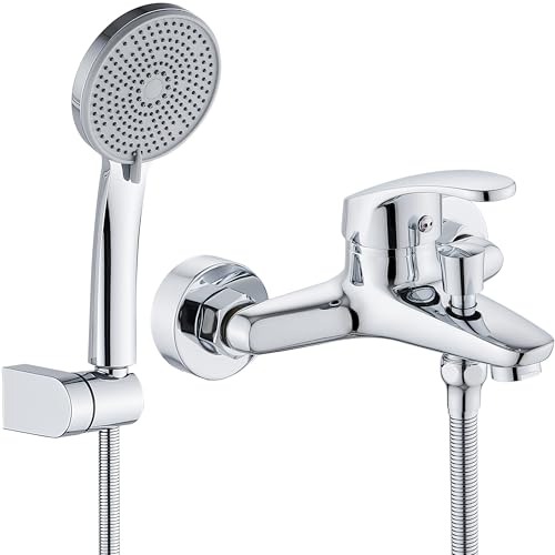 SWOYYU Grifo Ducha Monomando Ducha Mezclador de Ducha con Alcachofa 5 Función con 150CM Manguera Grifo Bañera para Bañera Baño Cromo Plata