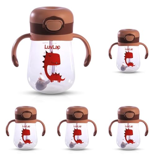 Image of LuvLap Kids Bite Resistant Soft Silicone Straw Sipper Cup with Handle, with Weighted Straw, Sippy Cup with Anti Spill Lock, BPA Free,1 Year +, 300 ml, Brown (Pack of 5)