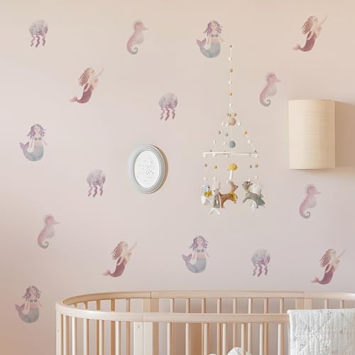 Alwayspon Watercolor Blue Pink Gradient Mermaid Art Wall Decals, Peel and Stick Wall Stickers for Living Nursery Room Bedroom Wall Decor