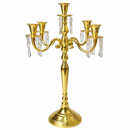 Image of Premium 24 Inch Golden Aluminum 5-Arm Candle Stand with Crystal Hangings | Luxury Centerpiece for Home Decor, Weddings, Festive Decoration & Dining Table