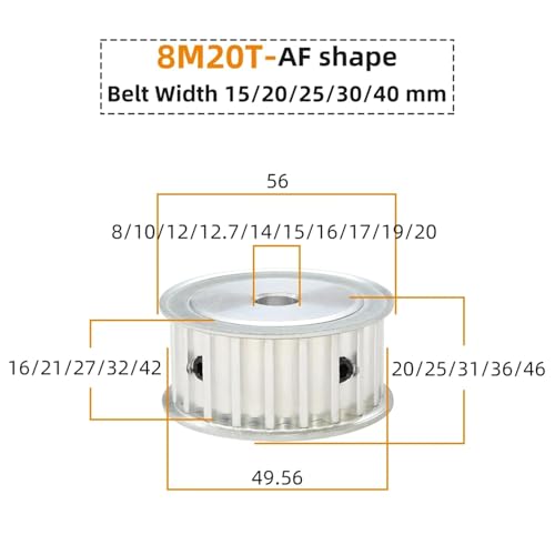 Polea de distribución 8M20T, paso de 8 mm, eje de 14 mm, ancho de 25 mm 2