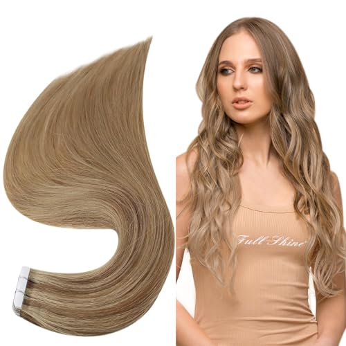 Image of Full Shine Tape in Hair Extensions Human Hair 14 Inch Balayage Hair Extensions Real Human Hair Tape in 50Grams 20Pcs 10 /16 /16 Highlights Golden Brown Mixed Golden Blonde Skin Weft Hair Extensions