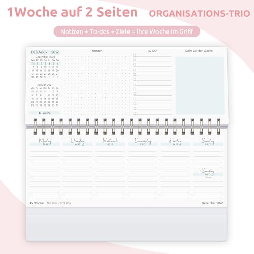 KONVINIT Tischkalender 2026 Quer,Kalender Tisch Blumen Wochenkalender/Tischplaner,1 Woche 2 Seiten,Stehkalender für Schule Büro Zuhause,Schreibtischkalender zum Aufstellen
