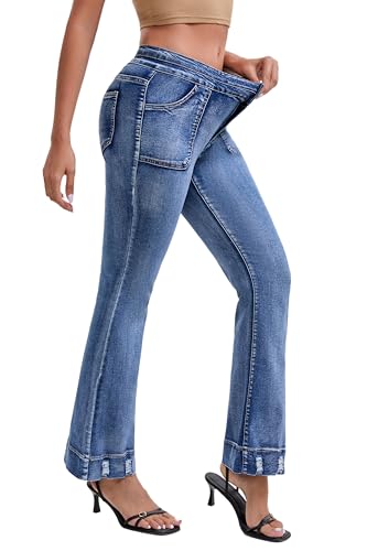ZMTUO Women's High Waisted Flare Bootcut Jeans, Stretchy Denim Pants with Front Patch Pockets, Double-Button Slimming Fit. Blue