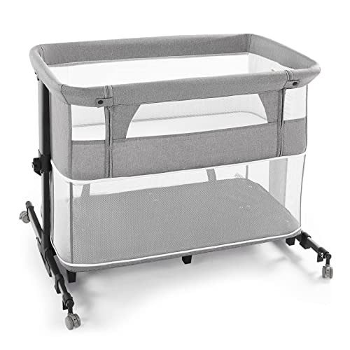 Image of Jaoul 3 in 1 Baby Bedside Sleeper & Playpen Design with Mattress Included, Easy Folding Travel Baby Crib Height Adjustable