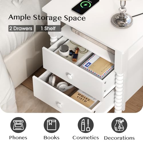 Image of JOINICE White Nightstand Set of 2 with Charging Station, Jenny Lind Spindle | Bedside Tables for Bedroom, Living Room, Kids Room, End Tables with 2 Large Drawers Solid Wood Legs, Easy Assembly