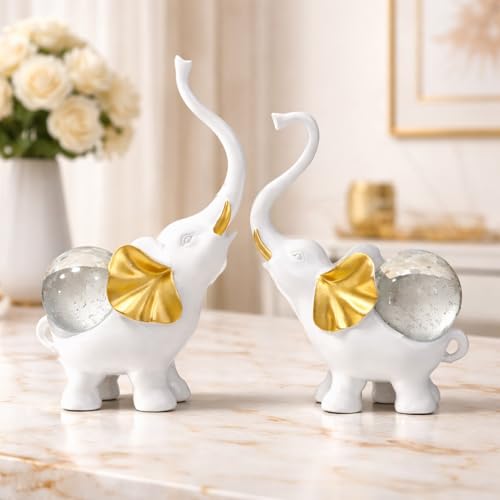 Image of ARMONIA Set of 2 Lucky Elephant Showpiece for Home Decor |White Polystone Elephant with Detachable Crystal Glass Ball |Vaastu Feng Shui Elephant Idol for Living Room,Office,Entrance | Gift for Wedding