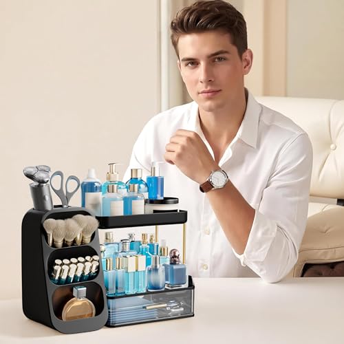Image of HBlife Bathroom Organizers and Storage with Brush Holder for Vanity, 3 Tier Plastic Makeup Organizer for Dresser Counter, Skincare, Lipstick, Perfume, and Cosmetic Storage, Black