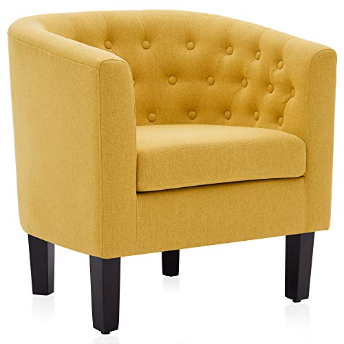 Image of BELLEZE Yellow Accent Chairs for Living Room, Elegant Arm Chair Upholstered Tufted Barrel Chair Club Chair for Bedroom with Sturdy Legs and Linen Fabric - Berlinda (Yellow)