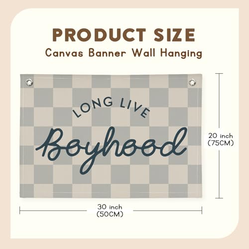 Image of Long Live Boyhood Linen Banner,Vintage Nursery Checkered Flag Boys Room Decor,Decor Nursery Playroom Wall Decor for Kids Bedroom Dorm,Toddler Decorations Trendy Room Decor,Gifts for Teen boyroom