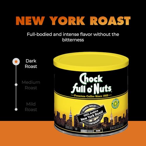 Chock Full o' Nuts New York Roast Ground Coffee – Premium Beans in Recyclable Steel Can – Rich Flavor & Aroma, Dark Roast – Perfect for Drip, Pour-Over, Percolator – 23 Oz Can