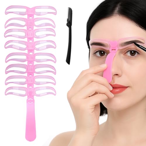 GXGM 8 Pièces Pochoir Sourcils Réutilisable avec 1 Rasoir à Sourcils, 8 Formes de Sourcils Différentes pour Débutant Maquillage Pochoirs à Sourcils Kit pour Femmes (Rose)