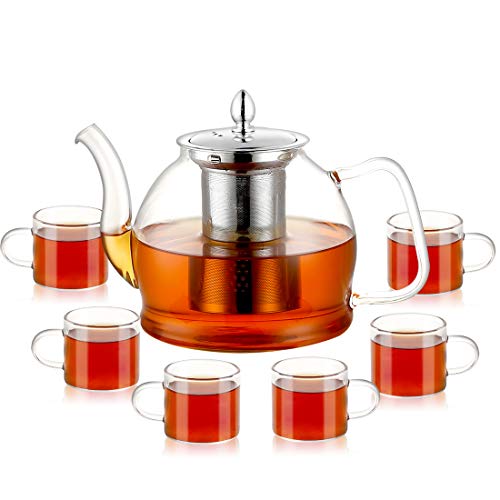 PluieSoleil Théière en verre avec infuseur pour thé en vrac, Théière en verre borosilicate avec 6 tasses