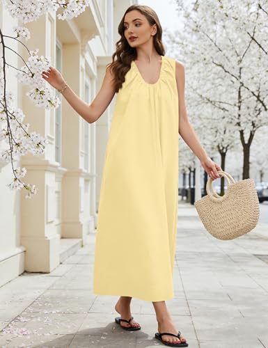 Image of Livtany Women's Scoop Neck Ruched Maxi Dress Flowy Swing Wide Straps Long Dress Casual Sleeveless Sundress with Side Pockets