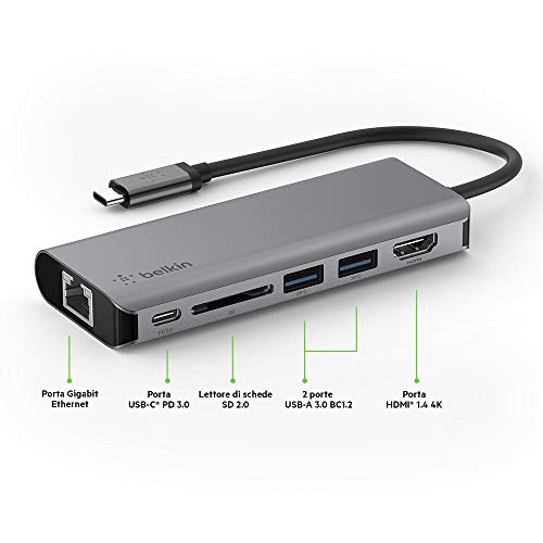 Belkin Hub USB-C Dock Adattatore Multiporta 6 in 1 con HDMI 4K, Alimentazione Passante USB-C PD 100 W, 2 USB-A, Porte Gigabit Ethernet e Slot SD per MacBook Pro, Air, iPad Pro, XPS e Altri - Immagine 1
