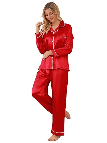Image of Schbbbta Girls & Women Satin Pajamas Set, 2Piece Silk Nightwear Button-Down Sleepwear for Teen Kids, 3 Years - Women XXL
