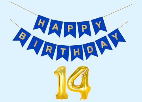 Image of 14th Happy Birthday Decoration Kit Dark Blue for 14 year Old Boys Girls Teenage with Number Fourteen Party Decorations Decor Celebration Items Item Set Combo Reusable Paper Banner