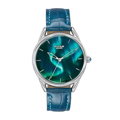 Image of Sonata Poze 8 Quartz Analog Northern Lights Inspired Watch for Unisex with Blue Luminous Dial & Blue Leather Strap - SP70100SL01W
