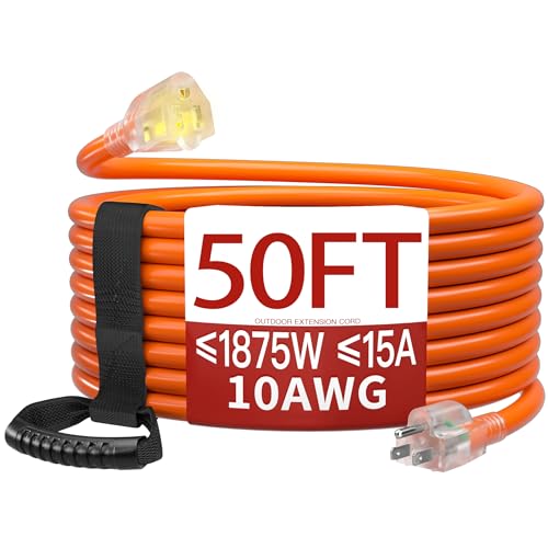 Image of 50 FT 10 Gauge Extension Cord Outdoor, Heavy Duty Weatherproof & Flame Retardant Orange 3 Prong Power Cord with Light, Outside for Lawn & Garden, 15 Amps 1875 Watts 125 VAC 10AWG SJTW, ETL Listed