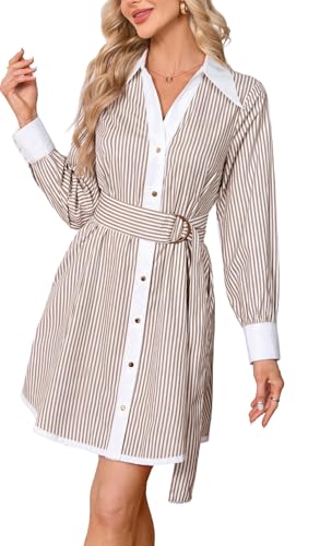 Image of YEXPINE Womens Striped Shirt Dress Long Sleeve Button Down V Neck Mini Tunic Dress Belted Workwear Dresses with Pockets