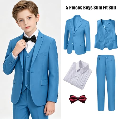 Image of Boys' Formal Suit 5 Piece Slim Fit Suits for Boy Kids Tuxedo Toddler Wedding Ring Bearer Outfit Teen Communion Dress