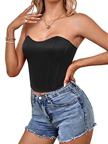 Lyaner Women’s Sexy Satin Sweetheart Neck Crop Tube Tops Strapless Bustier Cami Corset Top Black Small #TOP3
