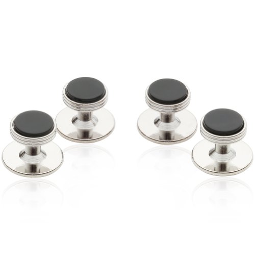Mens Black Onyx Tuxedo Shirt Studs Set of 4 Silver Wedding Groomsmen in Velour Pouch