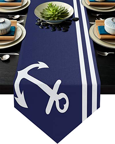 Meet 1998 Cotton Linen Table Runners Nautical Anchor Stripes Design Tablecovers For Kitchen Garden Navy Blue Wedding Parties Dinner Indoor Outdoors Home Decorations 13X70 Inches #TOP22