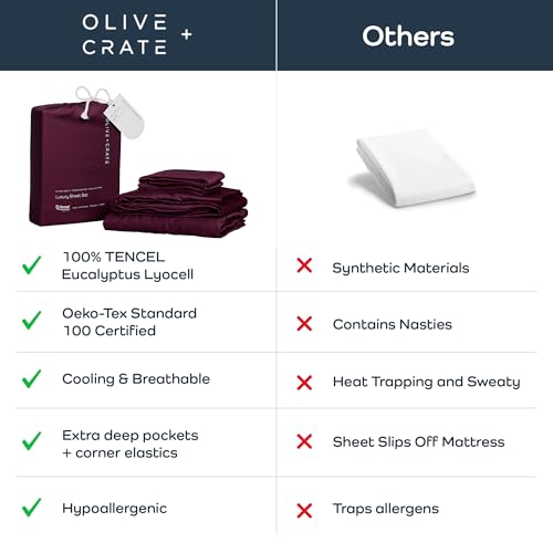 Image of Olive + Crate Tencel Lyocell Eucalyptus Queen Size Sheet Set - Cooling Tencel Sheets for Hot Sleepers with 18 Inch Deep Pocket Fit - Sour Cherry 4-Piece Set
