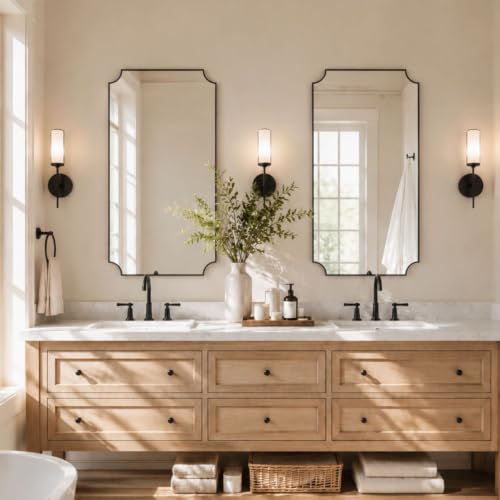 Image of TEHOME 24x40'' Black Vanity Mirror for Bathroom, Matt Black Scalloped Framed Bathroom Vanity Mirror