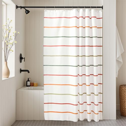 Treory Kids Boho Shower Curtain Set with Hooks, Minimalist Hand-Drawn Soft Pastel Stripes in Warm Earth Tones, Waterproof Fabric Shower Curtain for Modern Farmhouse Bathroom, 72' x 72'