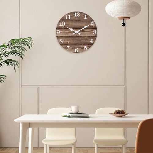 Image of XFM Brown Wooden Wall Clock Battery Operated 14 Inch | Silent Non-Ticking Vintage Farmhouse Rustic Decorative for Kitchen Living Room Office