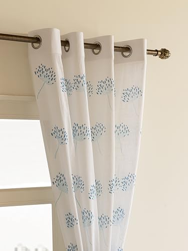 Image of THE LINEN COMPANY Cotton Linen Solid Sheer Small Window Curtain Set with Steel Eyelet Rings, 4 Feet, Blue Dandelions, Pack of 2 Pcs