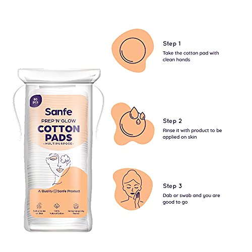 Image of Sanfe Prep 'N' Glow Face Cotton Pads for women - Pack of 80 | Cleans makeup |Cleans excess oil | Soft and gentle on skin with 100% natural cotton