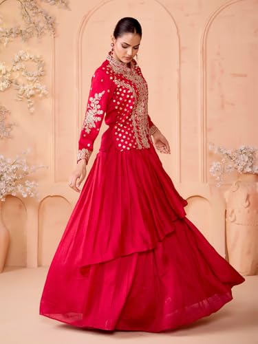Image of madhuram textiles womens' Vichitra Silk Embroidery Dori Dori Work Short Top With Skirt Set(M-2506 Pink)