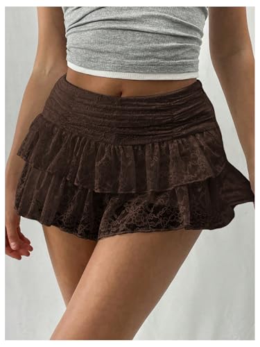 SHENHE Women's Y2k Lace Layered Mini Skirt Ruched A Line Cute Tiered Ruffle Skirt4