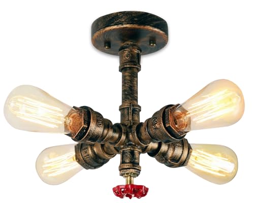 PETITES ECREVISSES Retro Industrie Wasserrohr Deckenleuchte mit 4 Fassung lampe, Vintage Wandleuchte Editon Dekor Beleuchtung für Bar, Küche, Wohnzimmer und Schlafzimmer, E27 Sockel-Lampe