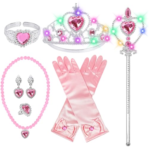 Princess Dress Up Accessories Light Up Wand Crown 7Pcs Princess Dress Up Set with Gloves Tiara Necklace Earrings Bracelet and Ring Gift Set for 3-6 Toddler Kids Girls Cosplay Party Pink
