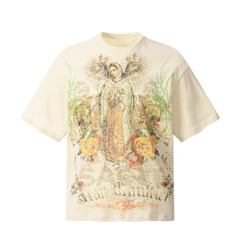 Arnodefrance Men Vintage Graphic Printing T-Shirt Hip Hop Rapper Tee Shirt Cotton Short Sleeve Shirt Large Apricot