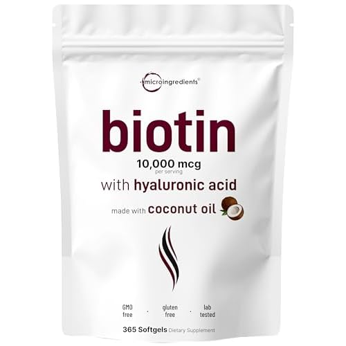 Micro Ingredients Biotin 10,000mcg w/Hyaluronic Acid 25mg | 365 Virgin Coconut Oil Softgels, Fast Release, One Year Supply, Supports Healthy Hair, Skin & Nails, Non-GMO & No Gluten