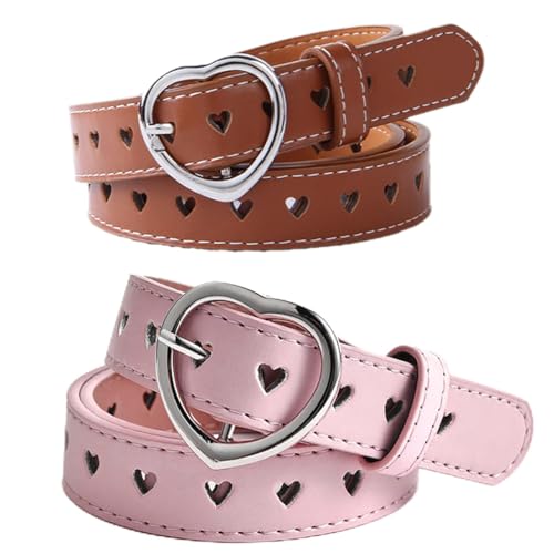 COYUN 2 Pièces Girls Belts, Cute Heart Leather Belt, Adjustable Stretch Belts, Kids Belt, for Kids Girls, for Jeans Dresses Jumpsuit Trousers-Rose, Marron