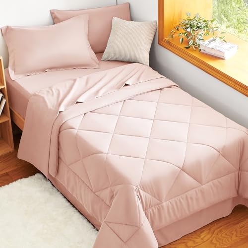 CozyLux Twin XL Comforter Set Blush Pink - 5 Pieces Twin Extra Long Bed in a Bag for College Dorm, All Season Bedding Set for Girls and Boys, Soft Bed Set with Comforter, Sheets, Pillowcase & Sham