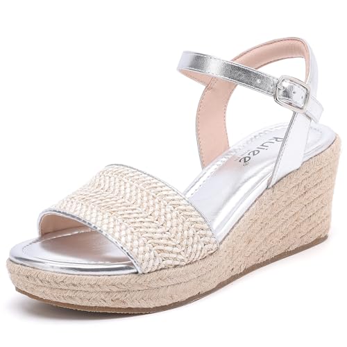 Wide Width Wedges Sandals for Women, Summer Platform Wedge Heels Wide Feet Braided Ankle Strap Women Summer Wedge Beach Sandals. 12 X-Wide Silver 1103
