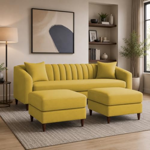 Image of Doraldo 3 Seater Sofa Set with 2 Ottoman for Living Room (Yellow) Premium Fabric Sofa